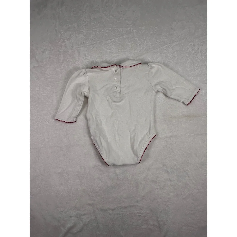 Miniwear Peter Pan Collar Bodysuit 3-6M White Red Picot Trim Long Sleeve Baby